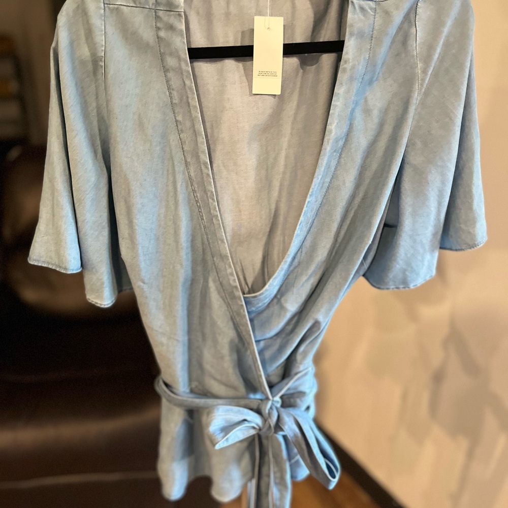 Ann Taylor Light Denim Peplum Wrap Top with Flutter Sleeves